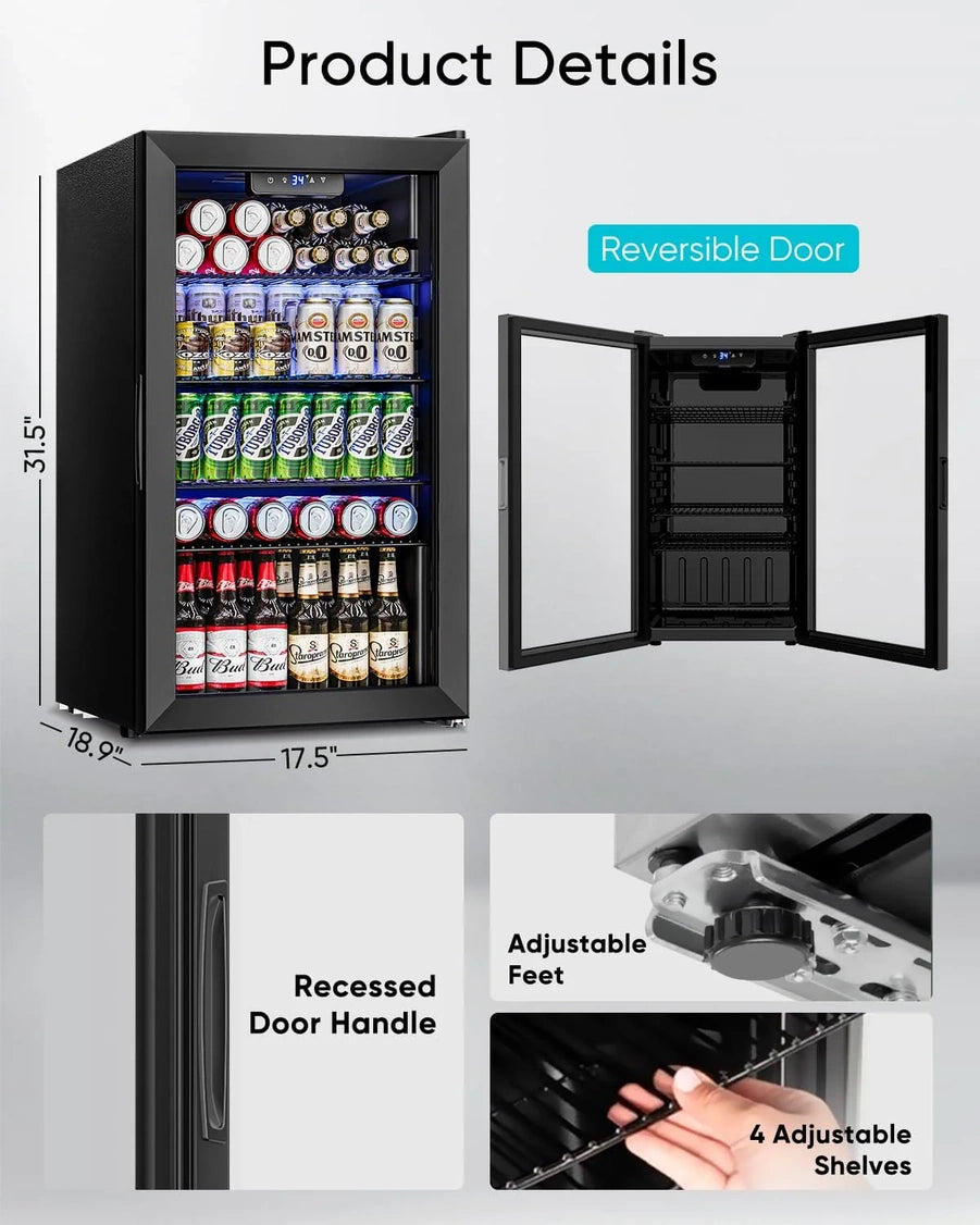 Beverage Refrigerator Cooler- 126 Can Mini Fridge Glass Door For Drinks Soda Beer Wine- Small Refrigerator For Office Bedroom Home Bar