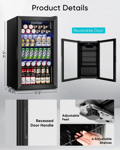 Beverage Refrigerator Cooler- 126 Can Mini Fridge Glass Door For Drinks Soda Beer Wine- Small Refrigerator For Office Bedroom Home Bar