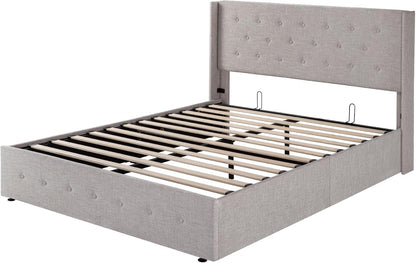 Allewie Queen Size Lift Up Storage Bed, Modern Wingback Headboard, Hydraulic Support, No Box Spring Needed, Light Beige
