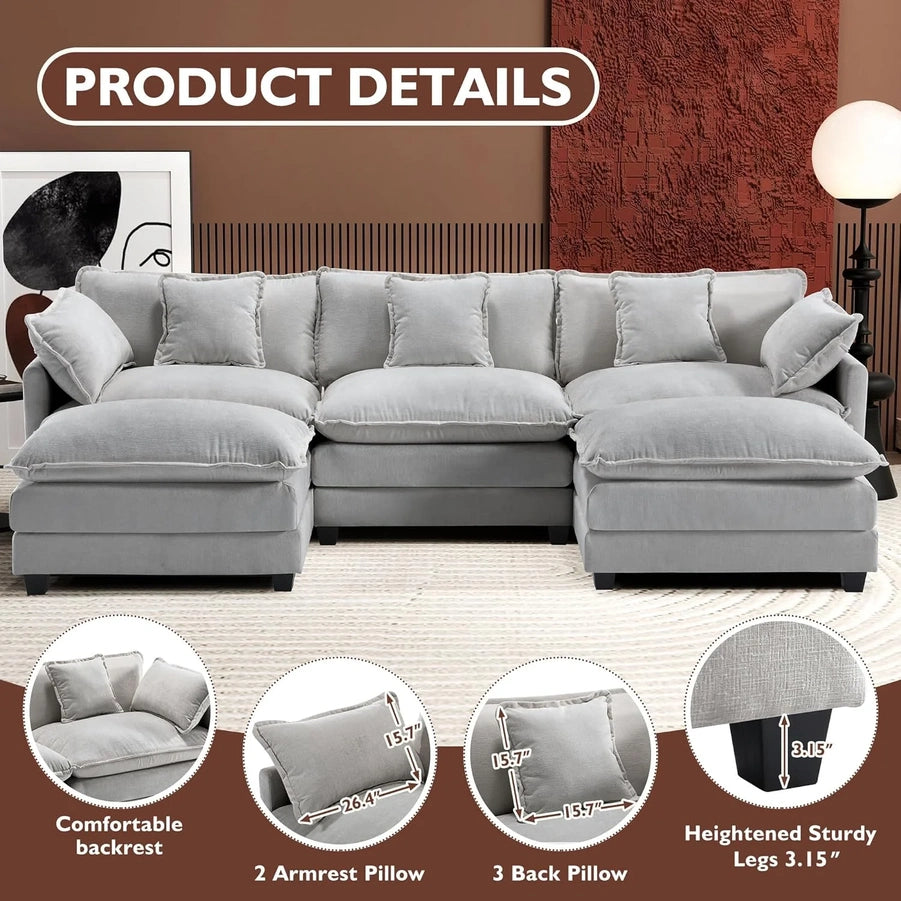 111.4 In. L-Shaped Modern Sofa Modular Cloud Sofa Ottoman 4-Seater Chenille Deep Seat Sofa