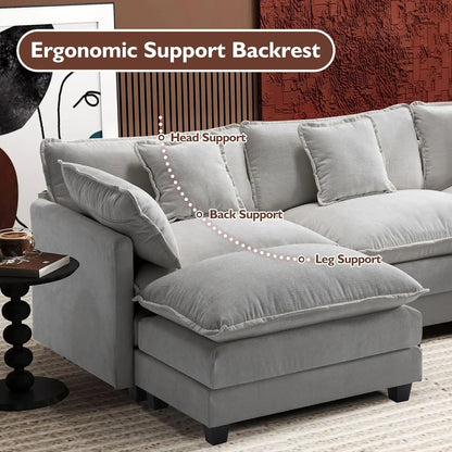111.4 In. L-Shaped Modern Sofa Modular Cloud Sofa Ottoman 4-Seater Chenille Deep Seat Sofa
