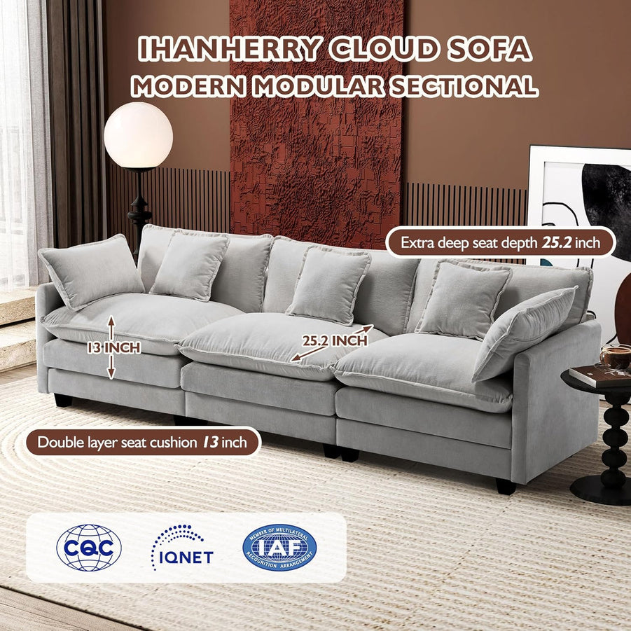 111.4 In. L-Shaped Modern Sofa Modular Cloud Sofa Ottoman 4-Seater Chenille Deep Seat Sofa