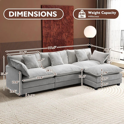 111.4 In. L-Shaped Modern Sofa Modular Cloud Sofa Ottoman 4-Seater Chenille Deep Seat Sofa