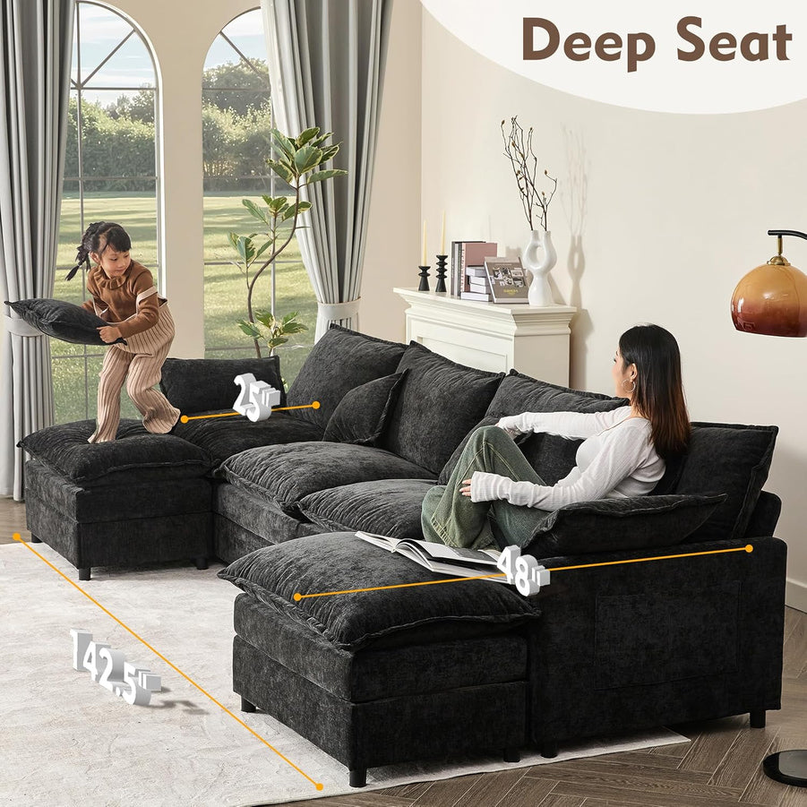 108 In. U Shape Sofa Sectional Sofa Comfortable Cloud Sofa With Removable Footstool