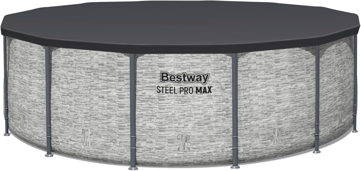 Steel Pro MAX 14 Foot x 48 Inch Round Metal Frame Above Ground Outdoor Swimming Pool Set with 1,000 Filter Pump, Ladder, and Cover, Gray