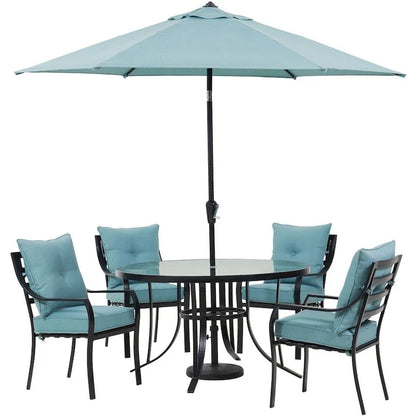 Hanover Lavallette 5-Piece Dining Set in Ocean Blue with 4 Stationary Chairs, 52-In. Round Glass-Top Table, Umbrella, and Base