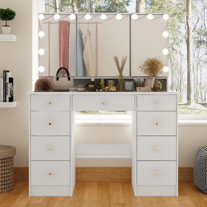 Makeup Vanity w/Tri-Fold Mirror Certified Lighting Glass Top Dresser