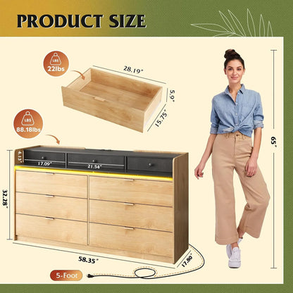 9 Drawer Led Dresser for Bedroom, 58.35'' Wide Wood Dresser Storage Organizer with Power Outlets for 65'' TV, Dressers with Open Shelves