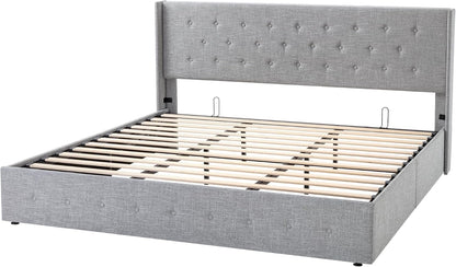 Allewie Queen Size Lift Up Storage Bed, Modern Wingback Headboard, Hydraulic Support, No Box Spring Needed, Light Beige