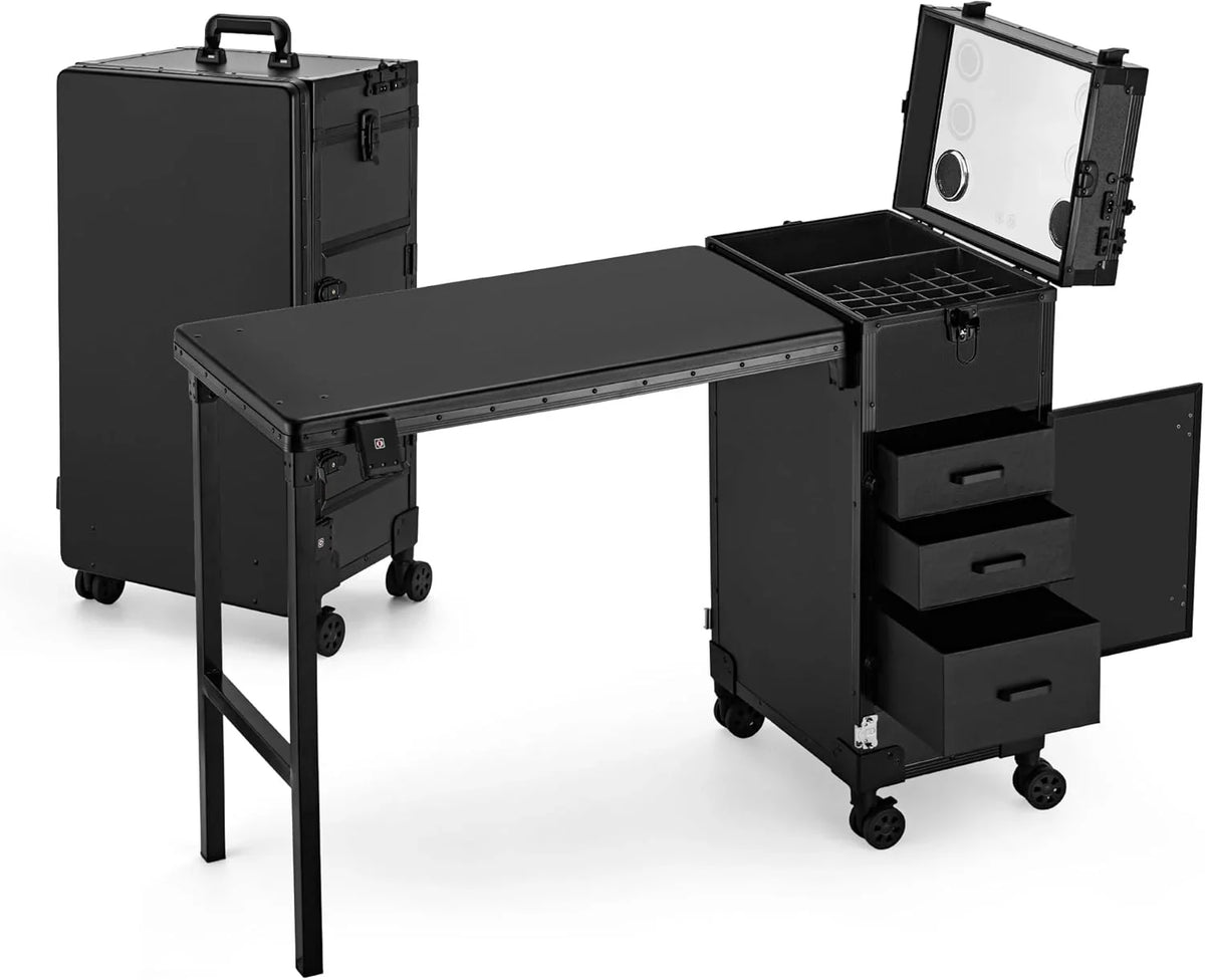 Rolling Manicure Table with Drawers, Bluetooth Speaker, LED Mirror, TSA Lock