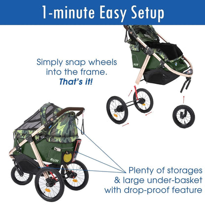 Jogging Sports Stroller with Comfort Rubber Wheels/Zipper-Less Entry/1-Hand Quick Fold/Aluminum Frame for Small/Medium Dogs, Cats and Pets (Green Camo)
