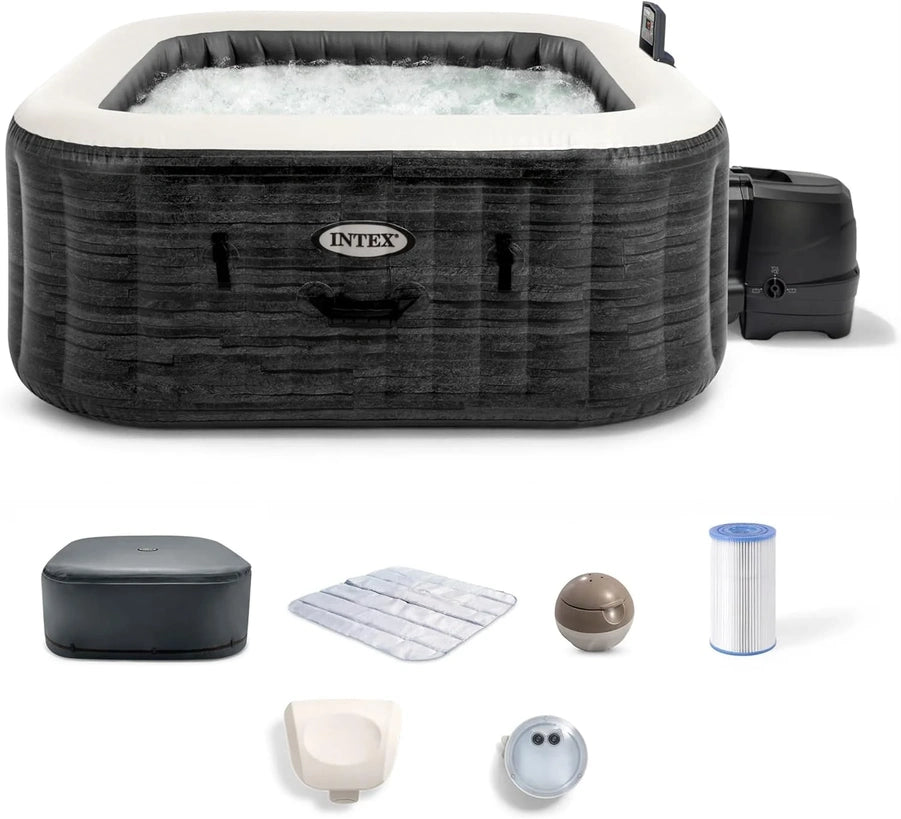 Intex PureSpa Greystone Deluxe 4 Person Square Inflatable Hot Tub, Bubble Massage Spa