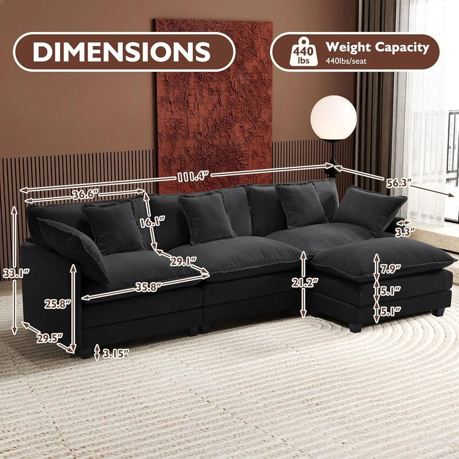 111.4 In. L-Shaped Modern Sofa Modular Cloud Sofa Ottoman 4-Seater Chenille Deep Seat Sofa