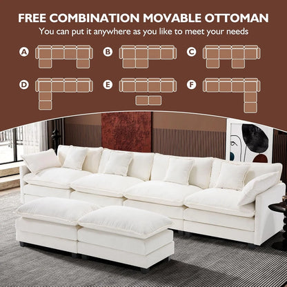 111.4 In. L-Shaped Modern Sofa Modular Cloud Sofa Ottoman 4-Seater Chenille Deep Seat Sofa