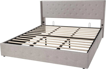 Allewie Queen Size Lift Up Storage Bed, Modern Wingback Headboard, Hydraulic Support, No Box Spring Needed, Light Beige