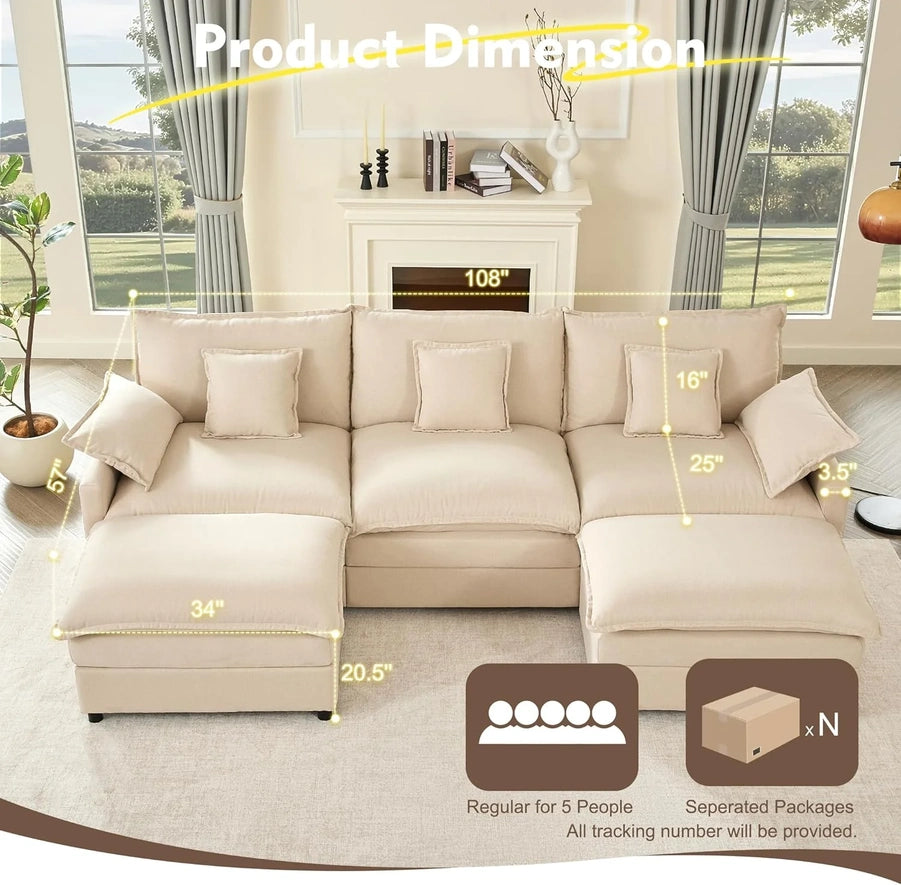108 In. U Shape Sofa Sectional Sofa Comfortable Cloud Sofa With Removable Footstool