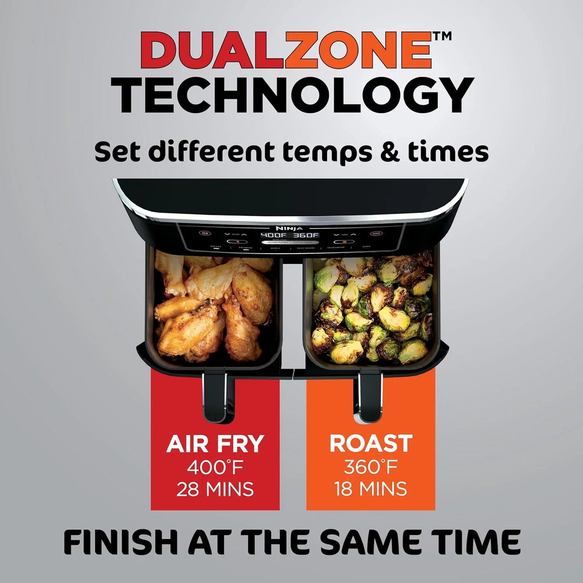 Ninja Foodi 10QT 6-in-1 DualZone Smart XL Air Fryer, 2 Independent 5QT Baskets, Smart Cook Thermometer, Match Cook, Smart Finish, Air Fry, Roast, Bake, Dehydrate, Reheat, Grey, DZ550
