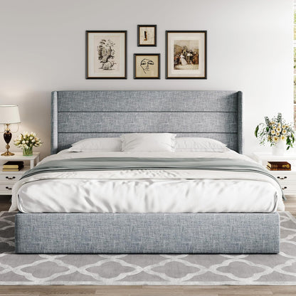 Allewie Queen Size Lift Up Storage Bed, Modern Wingback Headboard, Hydraulic Support, No Box Spring Needed, Light Beige