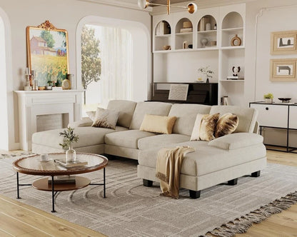 Furmax Sectional Couches For Living Room, U-Shaped Sofa Couch With Linen Fabric, 4 Seat Sofa Set With Double Chaise For Apartment, Fabric, Grey