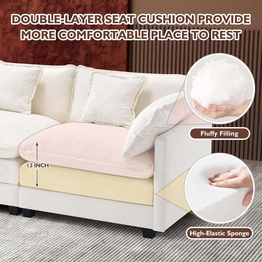 111.4 In. L-Shaped Modern Sofa Modular Cloud Sofa Ottoman 4-Seater Chenille Deep Seat Sofa