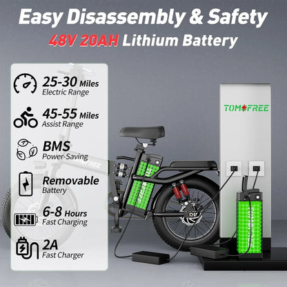 T1 Electric Bike for Adults 1200W Motor, 31MPH, 48V 20AH Folding E-Bike,16 * 3" Tire Mountain Snow Bike LED Display 330lbs Load Capacity - Tomofree Black