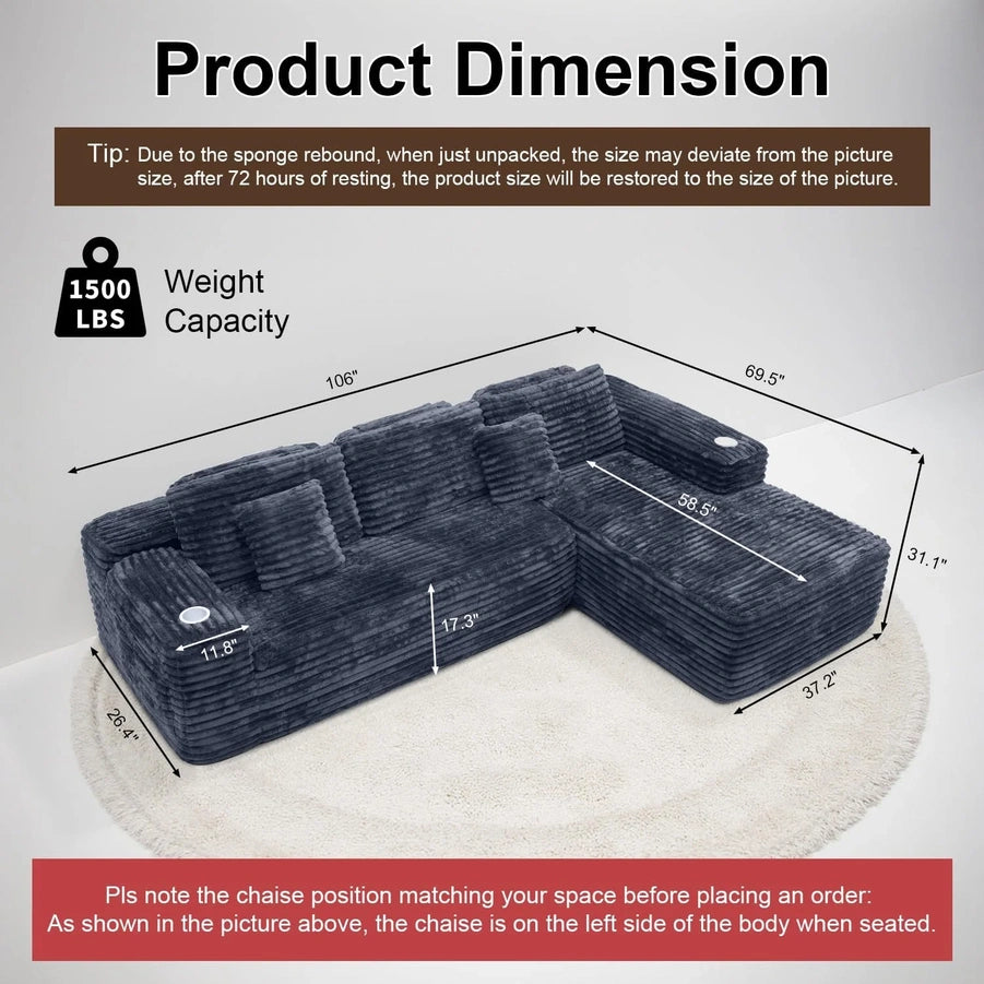 Cloud Sectional Couch With L-Shape Chaise Modern Modular Sofa Deep Seat Built-In Cup Holder