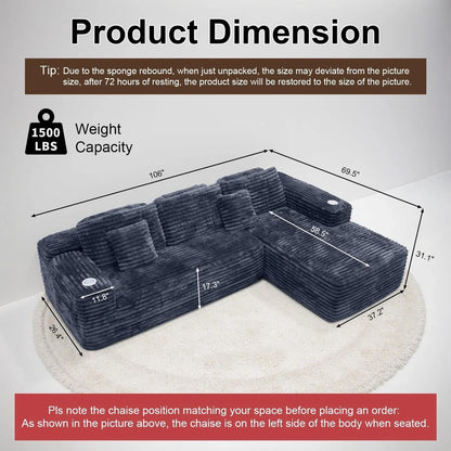 Cloud Sectional Couch With L-Shape Chaise Modern Modular Sofa Deep Seat Built-In Cup Holder