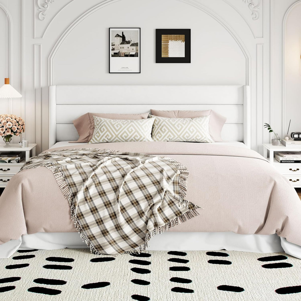 Allewie Queen Size Lift Up Storage Bed, Modern Wingback Headboard, Hydraulic Support, No Box Spring Needed, Light Beige