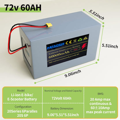 72V 60Ah Lithium E-Bike Battery with LED, XT90 Connector
