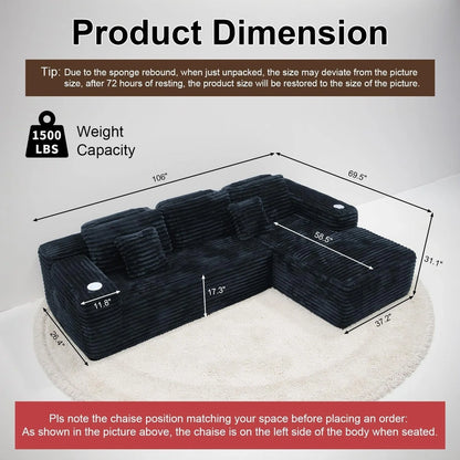 Cloud Sectional Couch With L-Shape Chaise Modern Modular Sofa Deep Seat Built-In Cup Holder