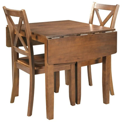 3-Piece Wood Drop Leaf Breakfast Nook Dining Table Set with 2 X-back Chairs for Small Places