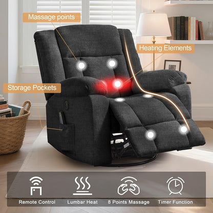Rocker Recliner, Glider Recliner Chairs for Adults, 360° Swivel Rocking Chair with Massage and Heating, Nursery Chair with Storage and USB Charging for Living Room, Bedroom, Nursery