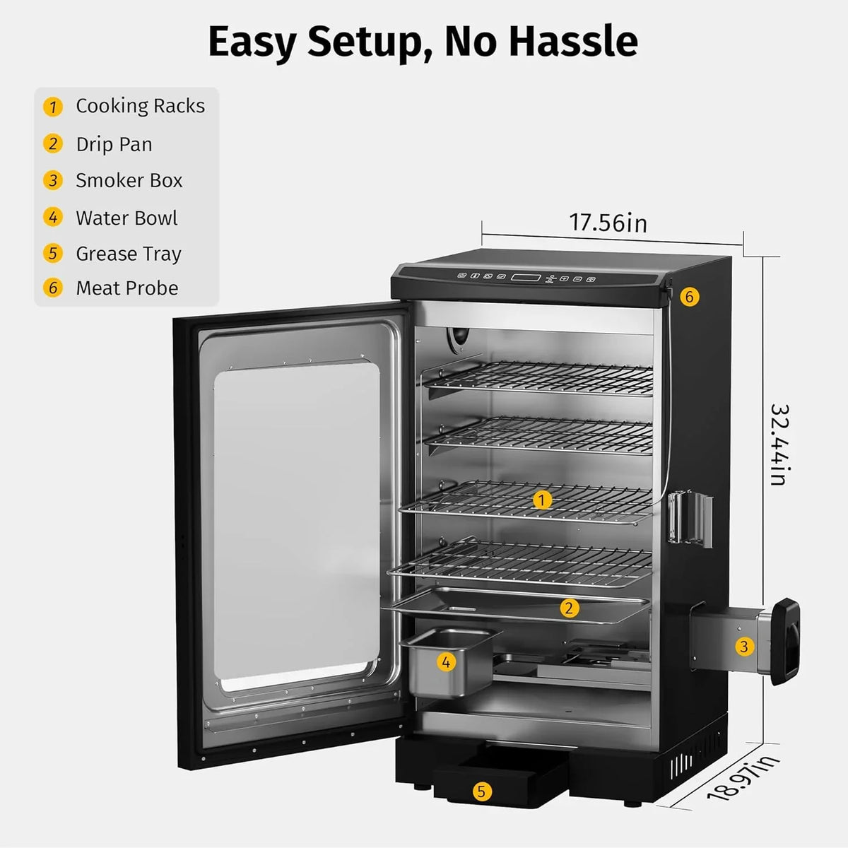 EAST OAK 30" Outdoor Electric Smoker | Built-in meat probe, smokes up to 6 times longer in a single load, side loader for uninterrupted smoking