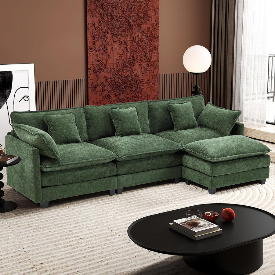111.4 In. L-Shaped Modern Sofa Modular Cloud Sofa Ottoman 4-Seater Chenille Deep Seat Sofa