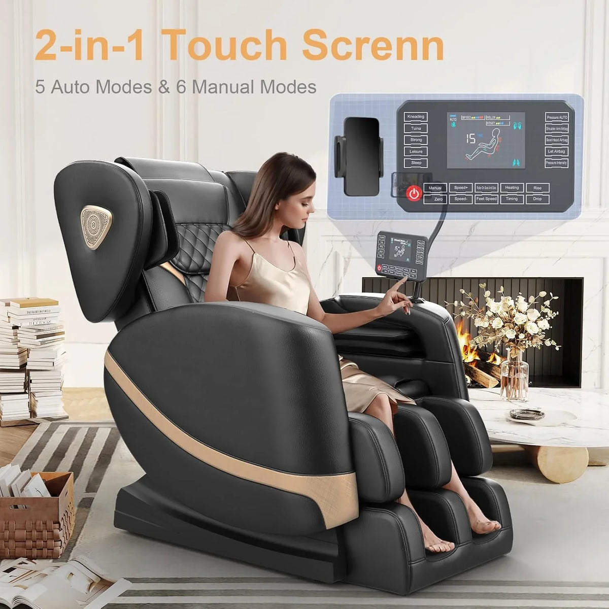 2025 Massage Chair Full Body, Zero Gravity Massage Chair with 10 Fix Rollers, Heating, Foot Massage, Auto Modes, Bluetooth Speaker, Touch Screen Controller (Black & Brown)