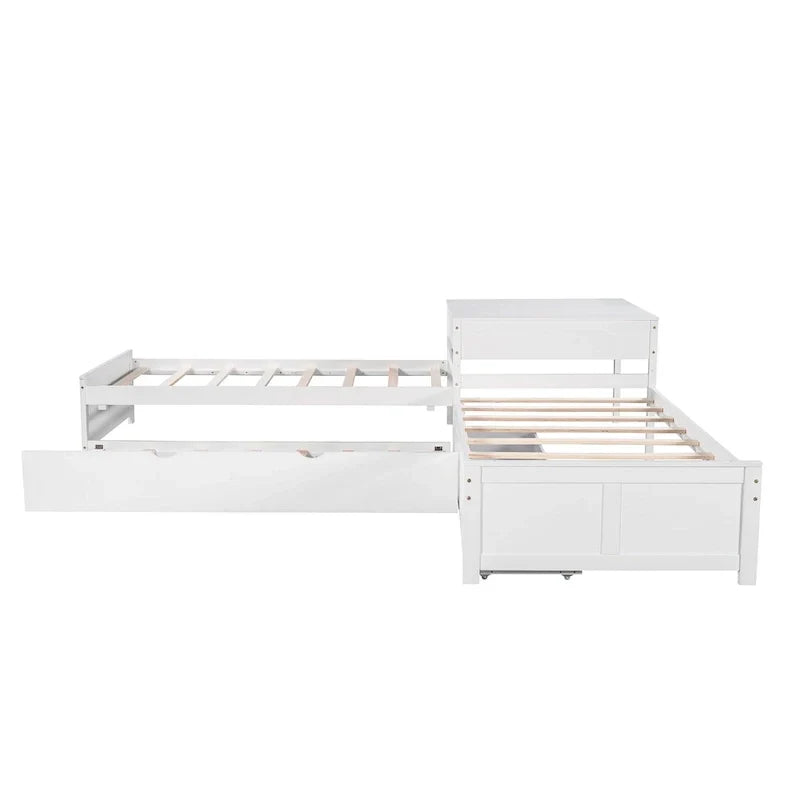 White Modern Twin Size L-shaped Platform Bed with Trundle and Drawers for Bedroom