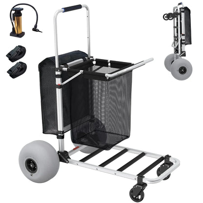 Foldable Beach Cart With Adjustable Handle And 12 In. Balloon Wheels, Heavy Duty Aluminum 220lbs Capacity