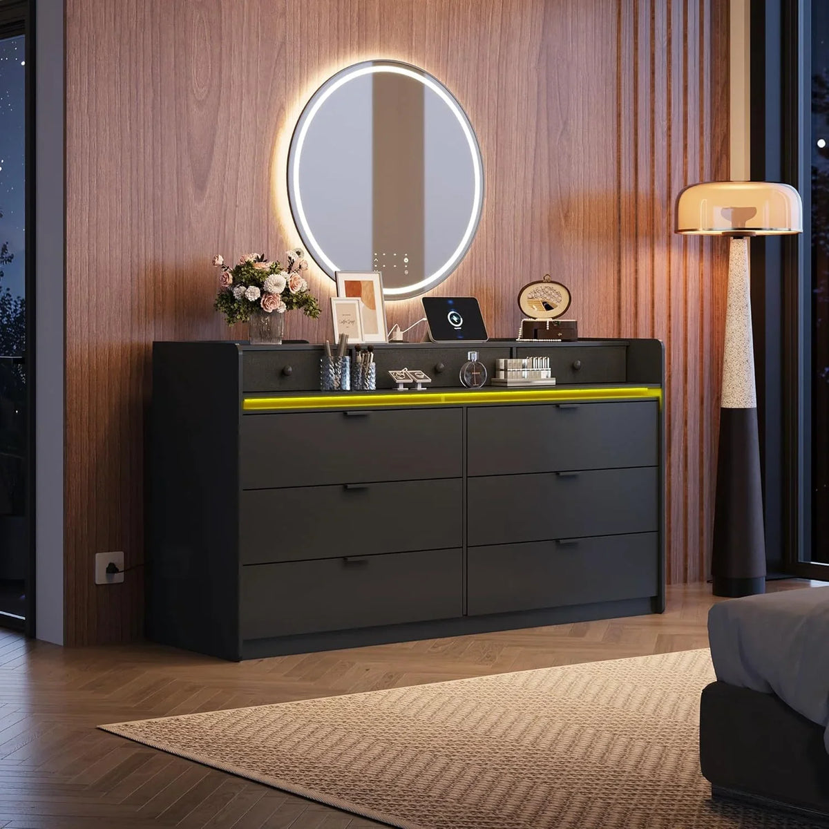 9 Drawer Led Dresser for Bedroom, 58.35'' Wide Wood Dresser Storage Organizer with Power Outlets for 65'' TV, Dressers with Open Shelves