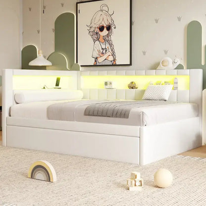 Upholstered Platform Bed with USB Ports & LED Lighting - Full/Twin Size Bed Frame with 2 Storage Drawers - Modern Bedroom