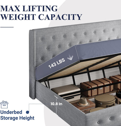 Allewie Queen Size Lift Up Storage Bed, Modern Wingback Headboard, Hydraulic Support, No Box Spring Needed, Light Beige