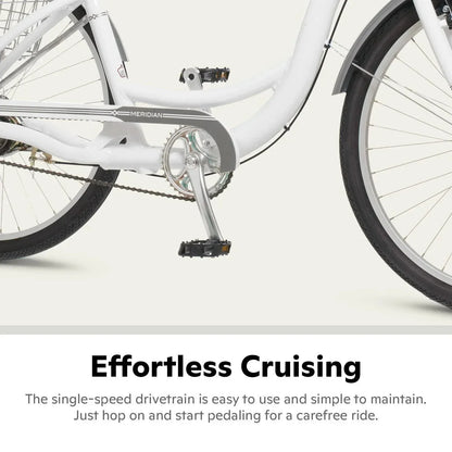 2025 Schwinn Meridian Adult Tricycle, Men's and Women's Beach Cruiser, 26-inch Wheels, Low Step-Through, Wide Saddle, Folding Rear Basket.