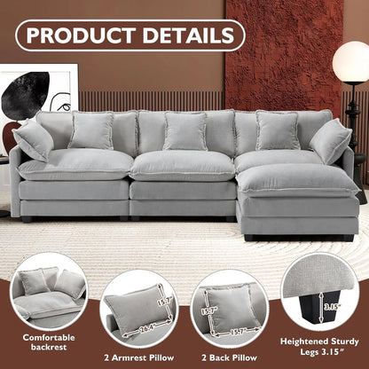 111.4 In. L-Shaped Modern Sofa Modular Cloud Sofa Ottoman 4-Seater Chenille Deep Seat Sofa