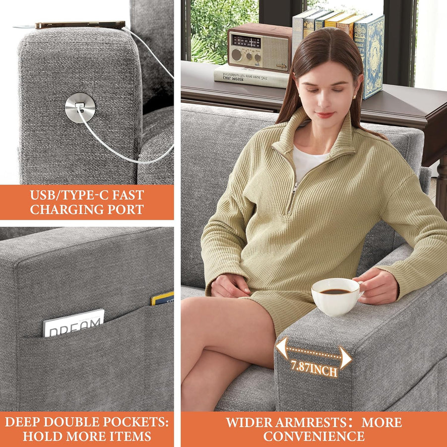 111.4 In. L-Shaped Modern Sofa Modular Cloud Sofa Ottoman 4-Seater Chenille Deep Seat Sofa