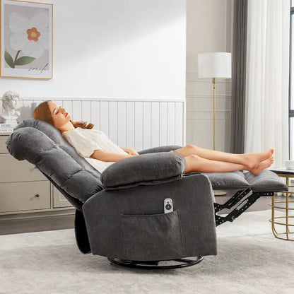 Grey Oversized Recliner with Heat and Massage, 150 Recline, 30 Rocking, USB Charging, and 2 Cup Holders
