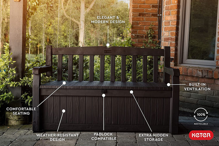 Keter Solana 70 Gallon Storage Bench Deck Box For Patio Furniture, Front Porch Decor And Outdoor Seating