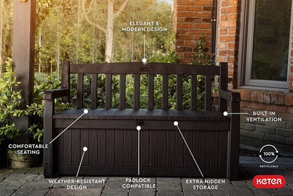 Keter Solana 70 Gallon Storage Bench Deck Box For Patio Furniture, Front Porch Decor And Outdoor Seating