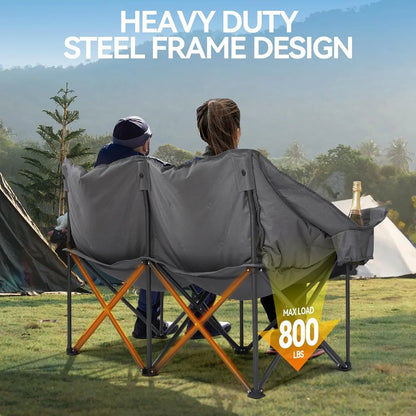 Double Camping Chairs Padded Loveseat Chair for 2 Person - Heavy Duty Oversized Camping Couch for Adults Outdoor Lawn Beach - Portable Folding Sofa with Cup Holders and Carry Bag, Grey