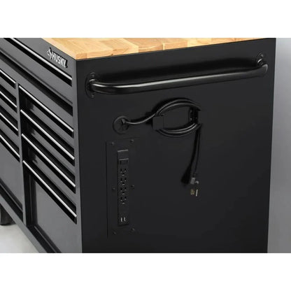 Mobile workbench with 9 drawers, hardwood top and power connection, 117 cm W x 62 cm D C high-gloss black