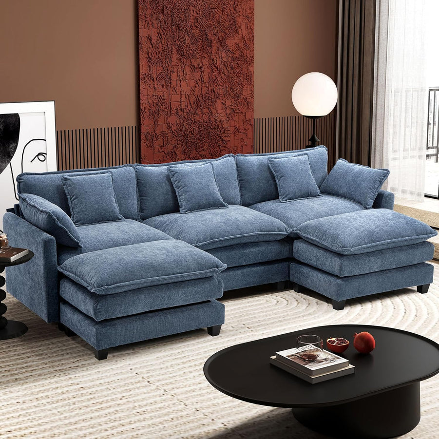 111.4 In. L-Shaped Modern Sofa Modular Cloud Sofa Ottoman 4-Seater Chenille Deep Seat Sofa