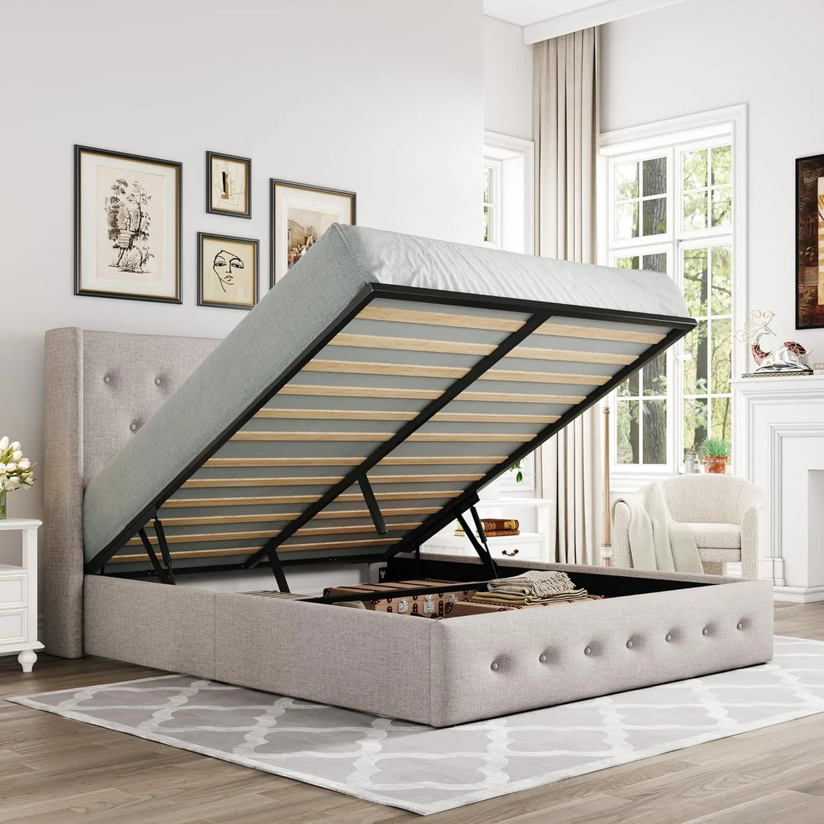 Allewie Queen Size Lift Up Storage Bed, Modern Wingback Headboard, Hydraulic Support, No Box Spring Needed, Light Beige